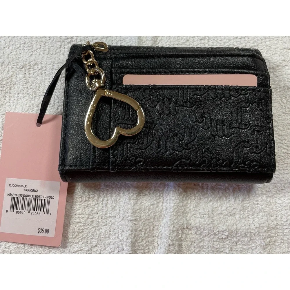 NWT Juicy Couture Heartless Double Sided Trifold Wallet - Liquorice Black - Picture 2 of 4
